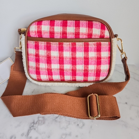 Shiraleah, New, Mirabel Camera Crossbody Purse Pink Plaid Sherpa Flannel Bag - Picture 13 of 13